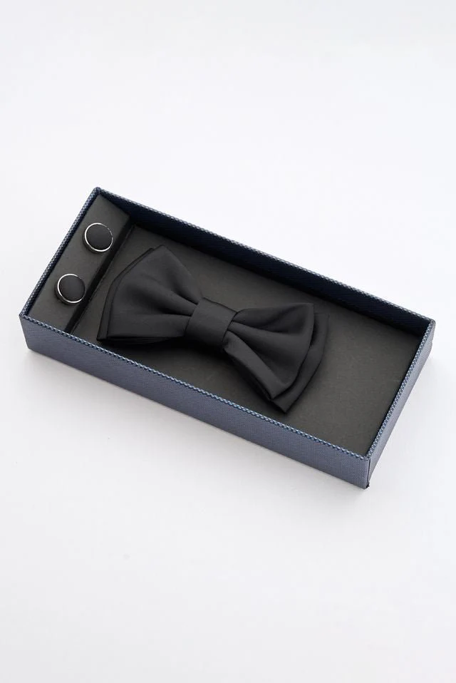 Black Satin Bow Tie Set with Cufflinks