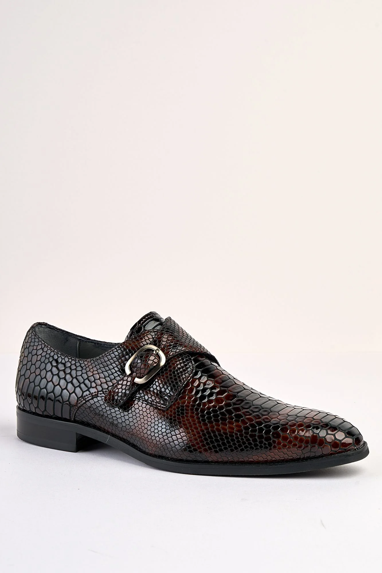 Saviano Coffee Crocodile-Pattern Monk Shoe