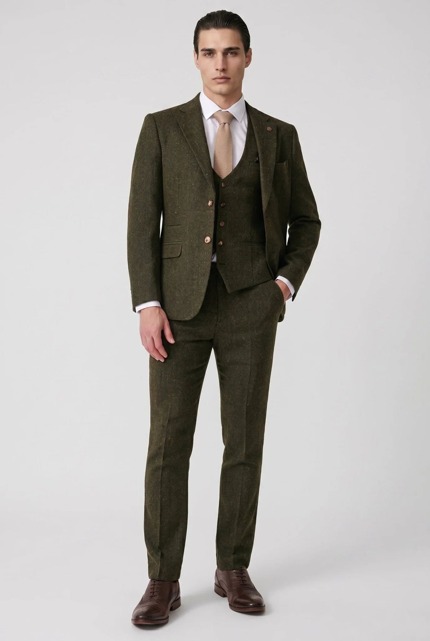 Dean - Olive Tweed Three Piece Suit - Image 3