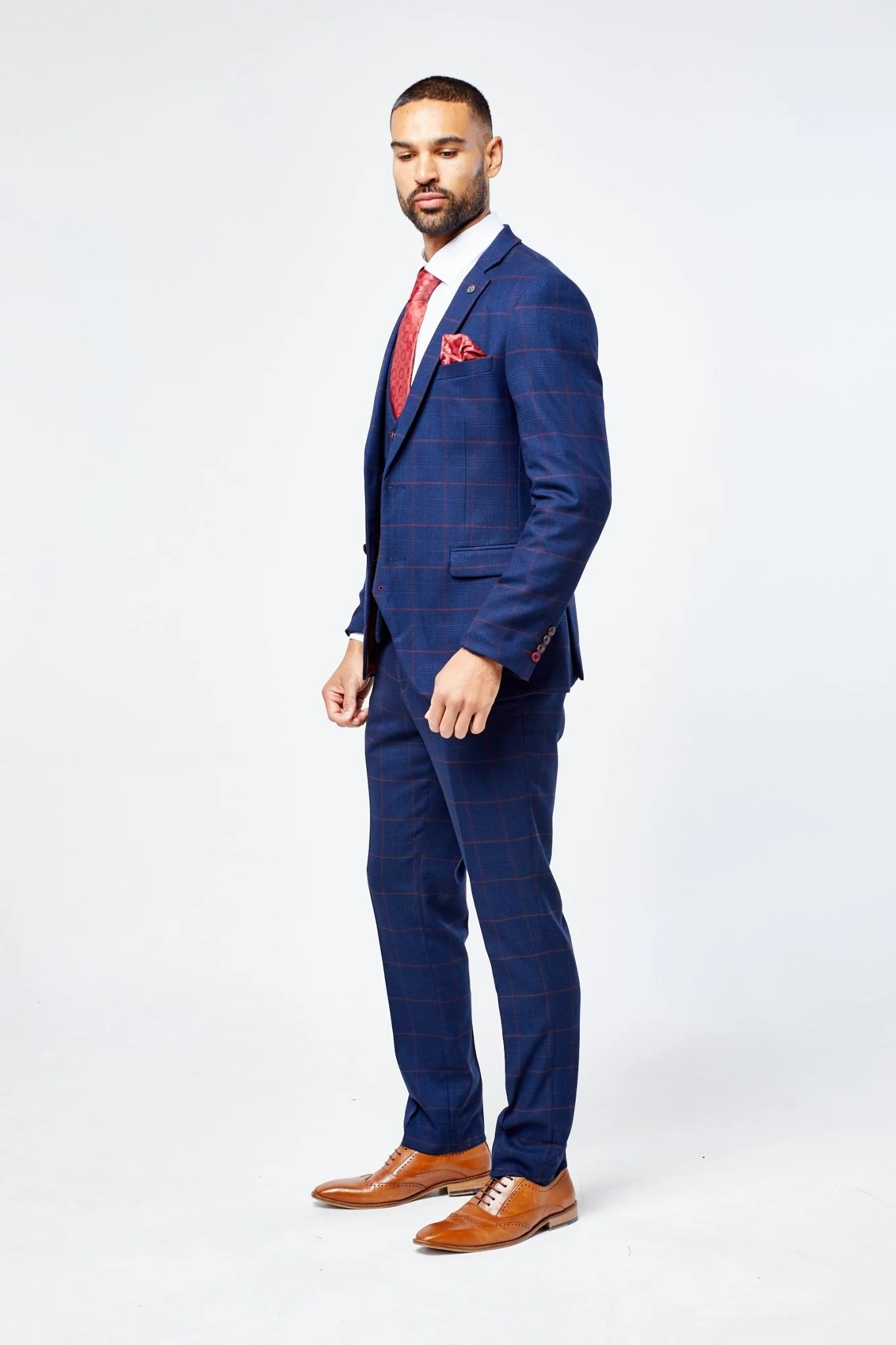 Edison Navy Wine Check Three Piece Suit - Image 2
