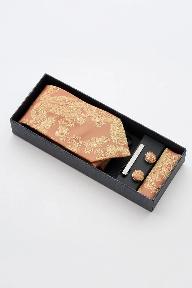 Gold Paisley Tie Set with Tie Bar & Cufflinks