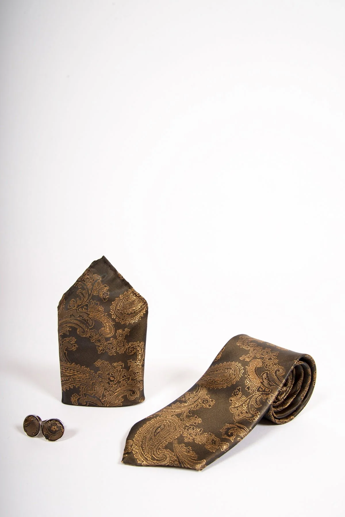 Gold Tan Paisley Print  Tie set- Tie, pock square, cufflinks.