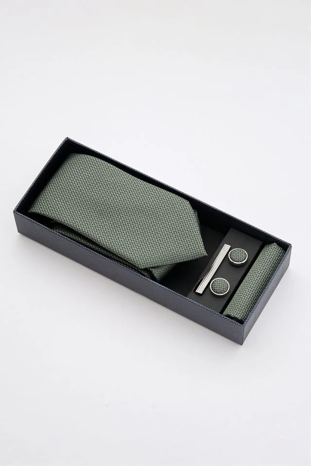 Green Textured Tie Set with Tie Bar & Cufflinks