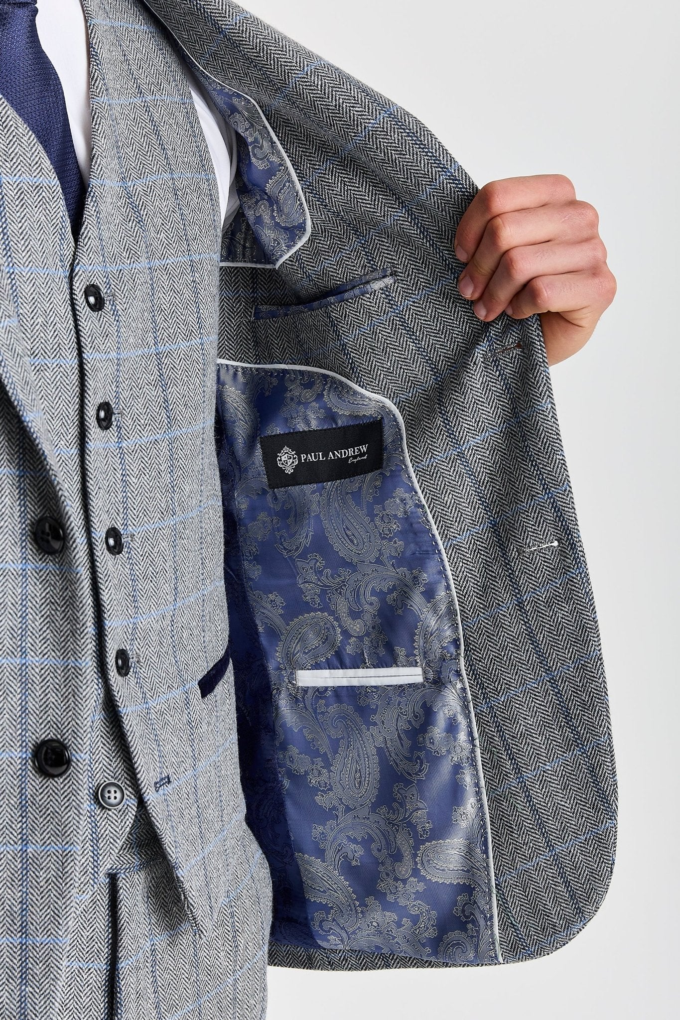 Harris Grey Herringbone Tweed Check Three Piece Suit - Image 3