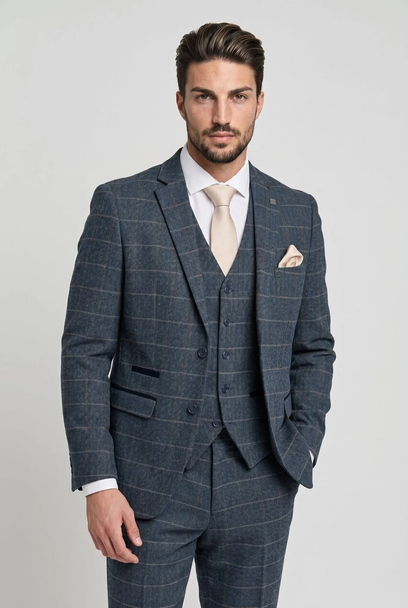 Harris Navy Herringbone Tweed Check Three Piece Suit - Image 2