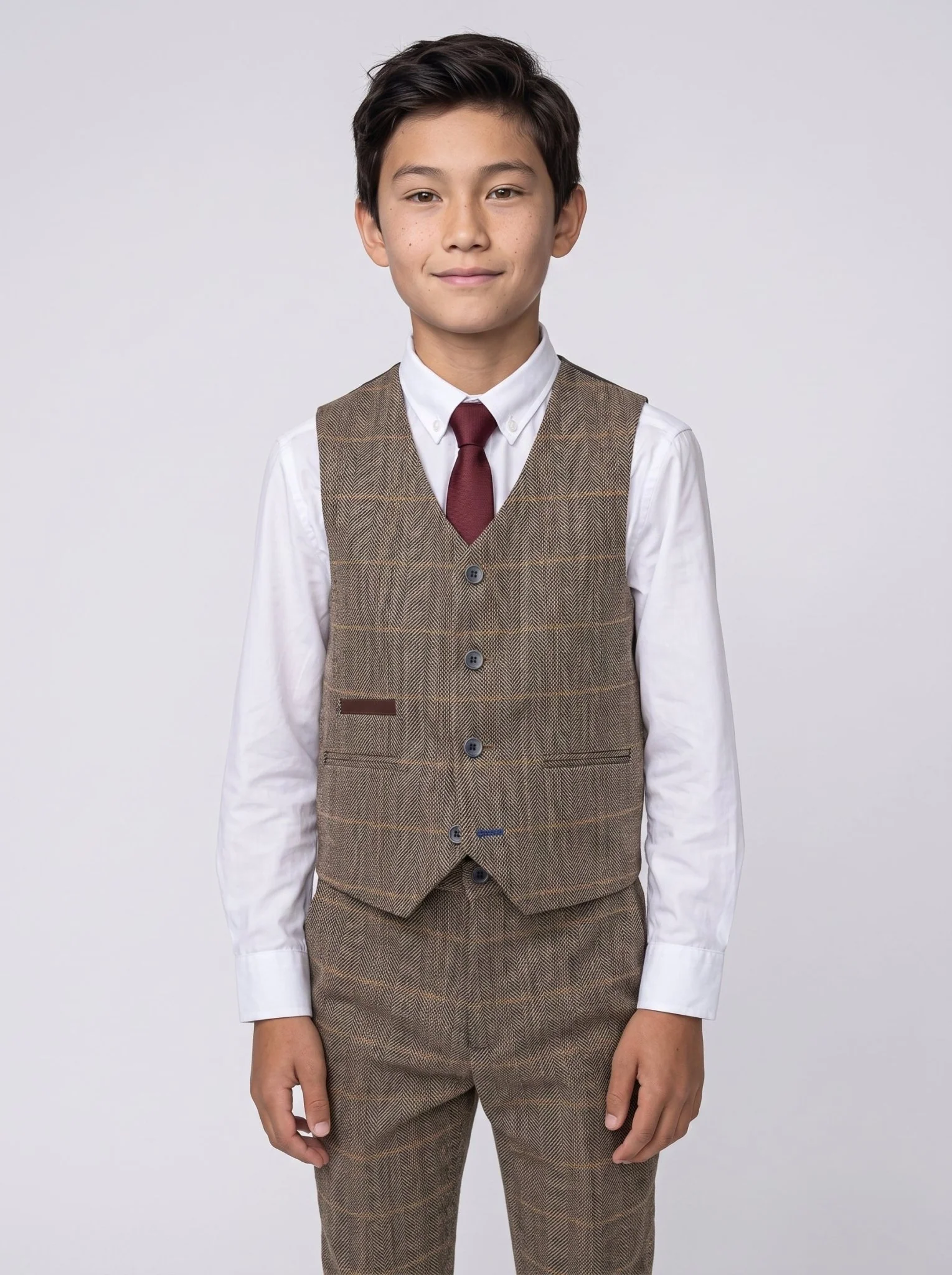 Boys Albert Brown Tweed Check Three Piece Suit - Image 2